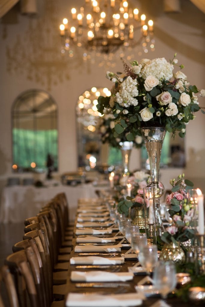 Decorated reception hall at The Greystone Estate, a wedding venue in Ball Ground GA.